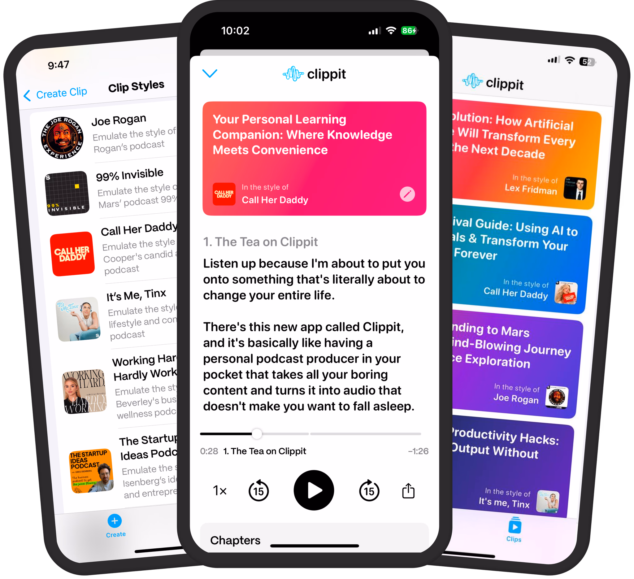 Clippit app interface showing podcast clips